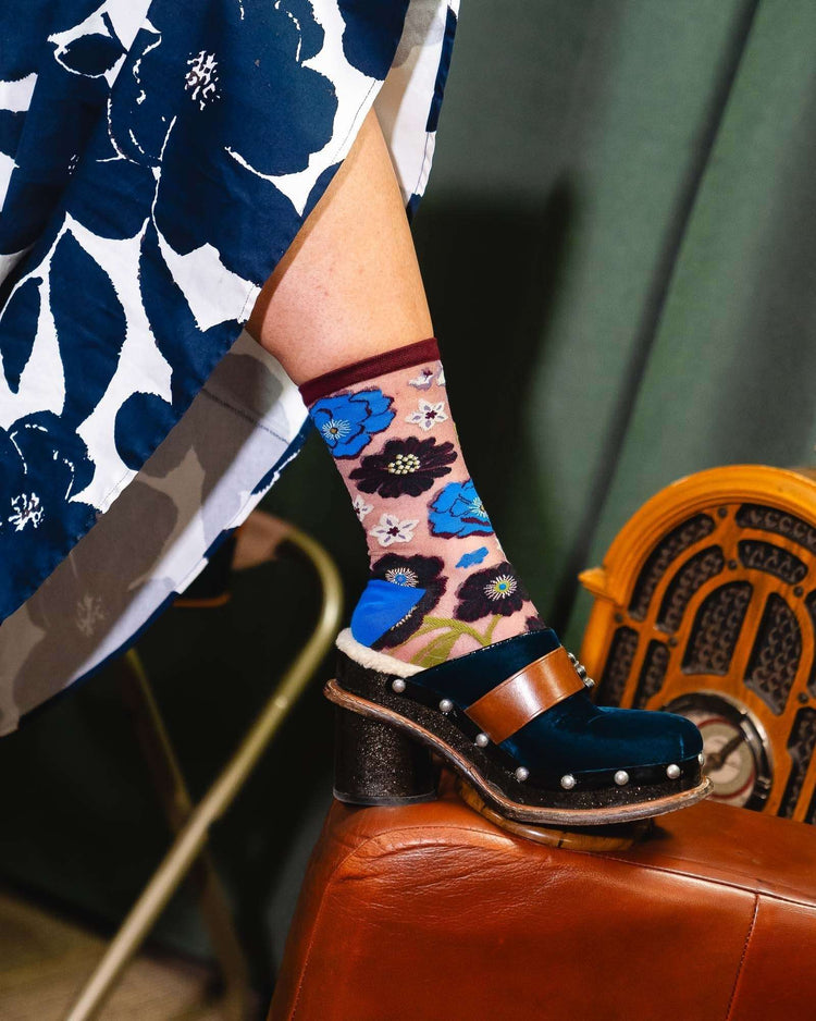 Sock Candy Electric Dusk Floral Shimmer Sheer Crew Sock Sheer Socks Fashion Socks Floral Socks Cute Socks Fall Florals socks with heels
