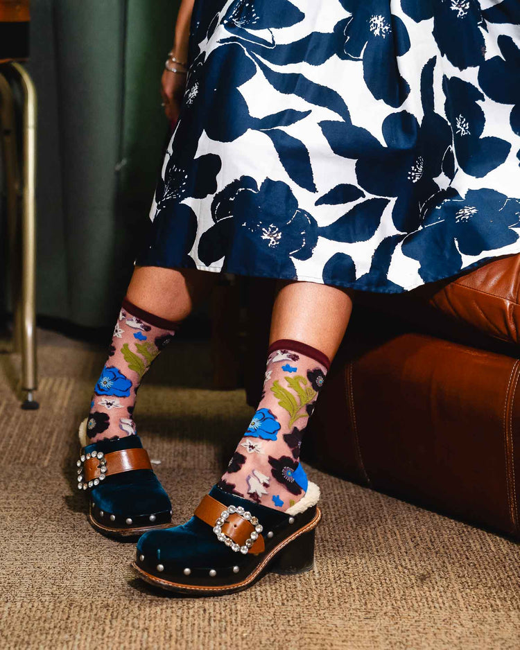 Sock Candy Electric Dusk Floral Shimmer Sheer Crew Sock Sheer Socks Fashion Socks Floral Socks Cute Socks Fall Florals socks with heels