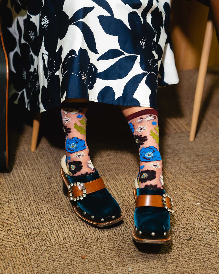 Sock Candy Electric Dusk Floral Shimmer Sheer Crew Sock Sheer Socks Fashion Socks Floral Socks Cute Socks Fall Florals socks with heels