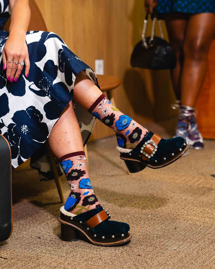Sock Candy Electric Dusk Floral Shimmer Sheer Crew Sock Sheer Socks Fashion Socks Floral Socks Cute Socks Fall Florals socks with heels