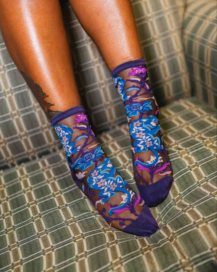 Sock Candy Nightshade Jaguar Black Sheer Crew Sock Sheer Socks Fashion Socks Gothic Floral Socks Jaguar Socks Fall Florals