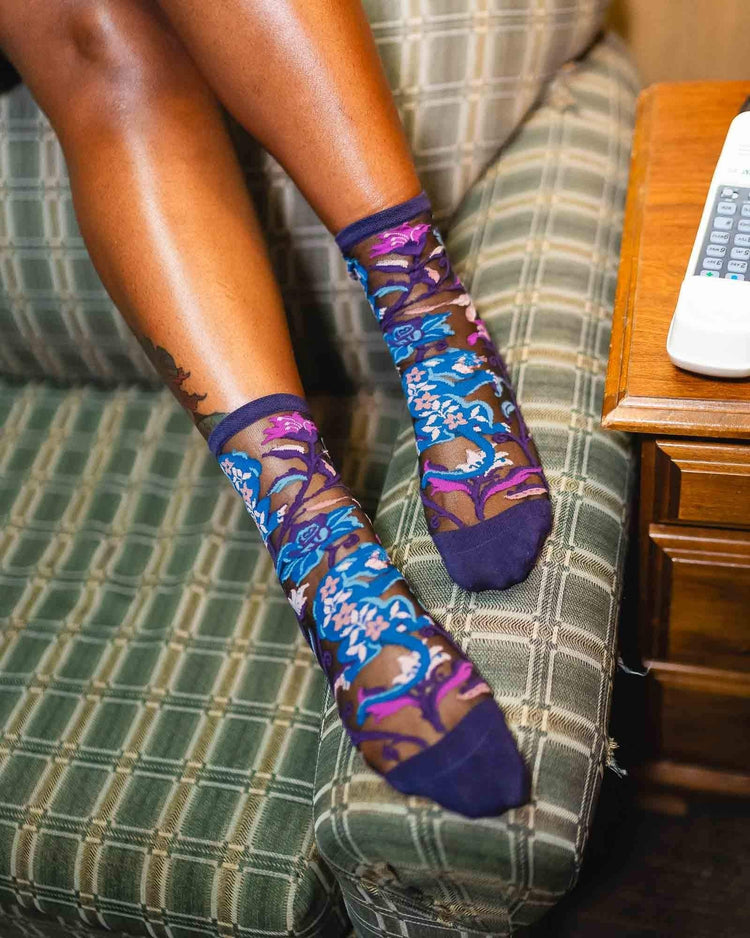 Sock Candy Nightshade Jaguar Black Sheer Crew Sock Sheer Socks Fashion Socks Gothic Floral Socks Jaguar Socks Fall Florals 