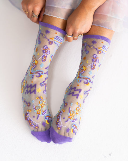 Sock Candy Aquarius Zodiac Shimmer Sheer Crew Sock Sheer Socks Fashion Socks Zodiac Socks Aquarius Socks