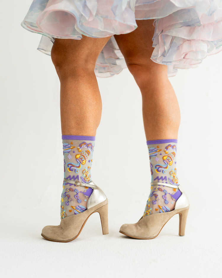 Sock Candy Aquarius Zodiac Shimmer Sheer Crew Sock Sheer Socks Fashion Socks Zodiac Socks Aquarius Socks socks with heels