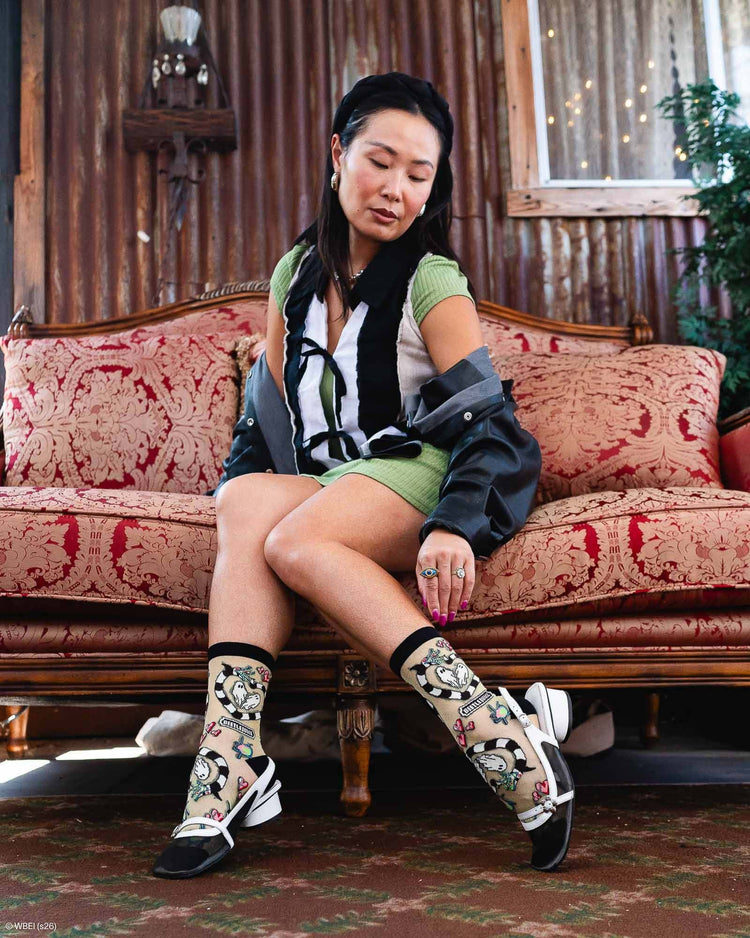 Sock Candy Beetlejuice™ Green Shimmer Sheer Crew Sock Sheer Socks Fashion Socks Halloween Socks Beetlejuice Socks Cute Halloween