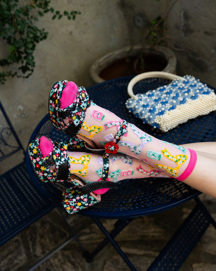 Sock Candy Bows & Jam Shimmer Sheer Crew Sock sheer socks fashion socks spring socks cute socks bow socks whimsical socks cottagecore socks with heels