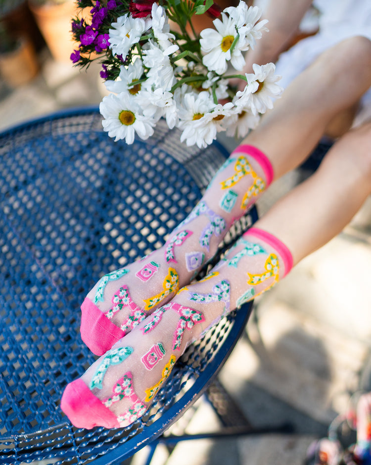 Sock Candy Bows & Jam Shimmer Sheer Crew Sock sheer socks fashion socks spring socks cute socks bow socks whimsical socks cottagecore 