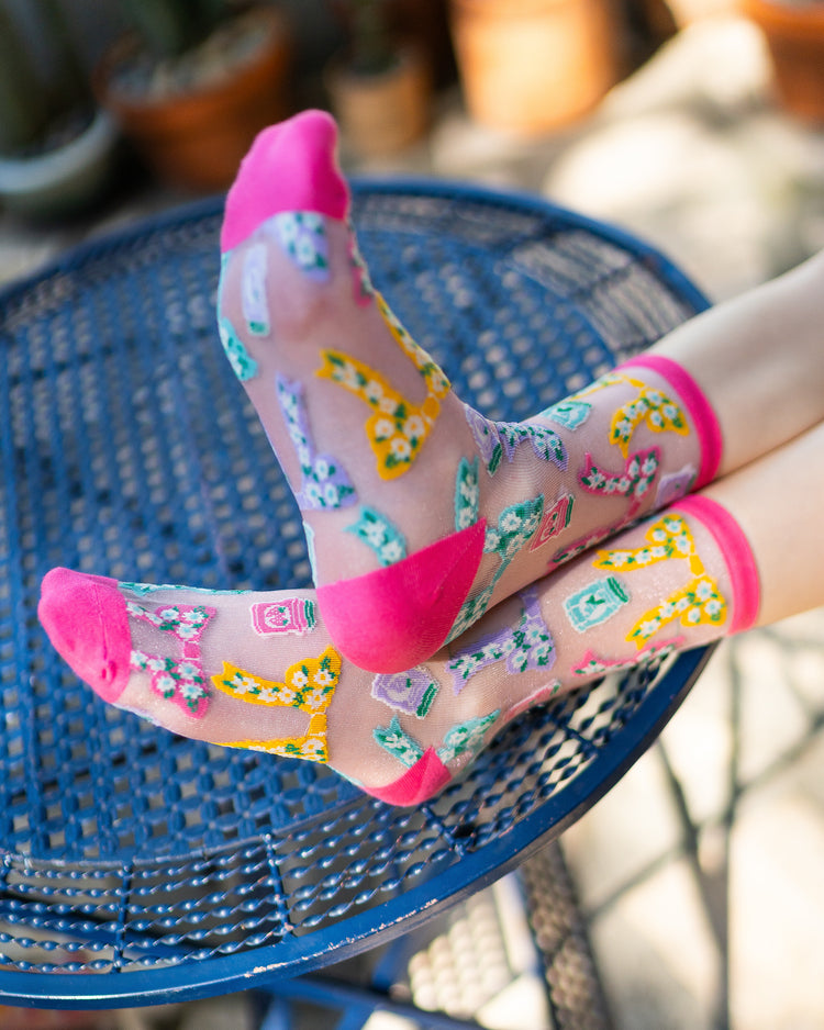 Sock Candy Bows & Jam Shimmer Sheer Crew Sock sheer socks fashion socks spring socks cute socks bow socks whimsical socks cottagecore