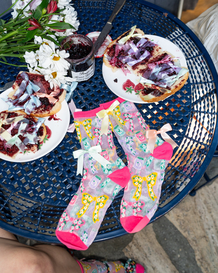 Sock Candy Bows & Jam Shimmer Sheer Crew Sock sheer socks fashion socks spring socks cute socks bow socks whimsical socks cottagecore