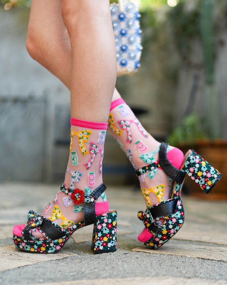 Sock Candy Bows & Jam Shimmer Sheer Crew Sock sheer socks fashion socks spring socks cute socks bow socks whimsical socks cottagecore socks with heels