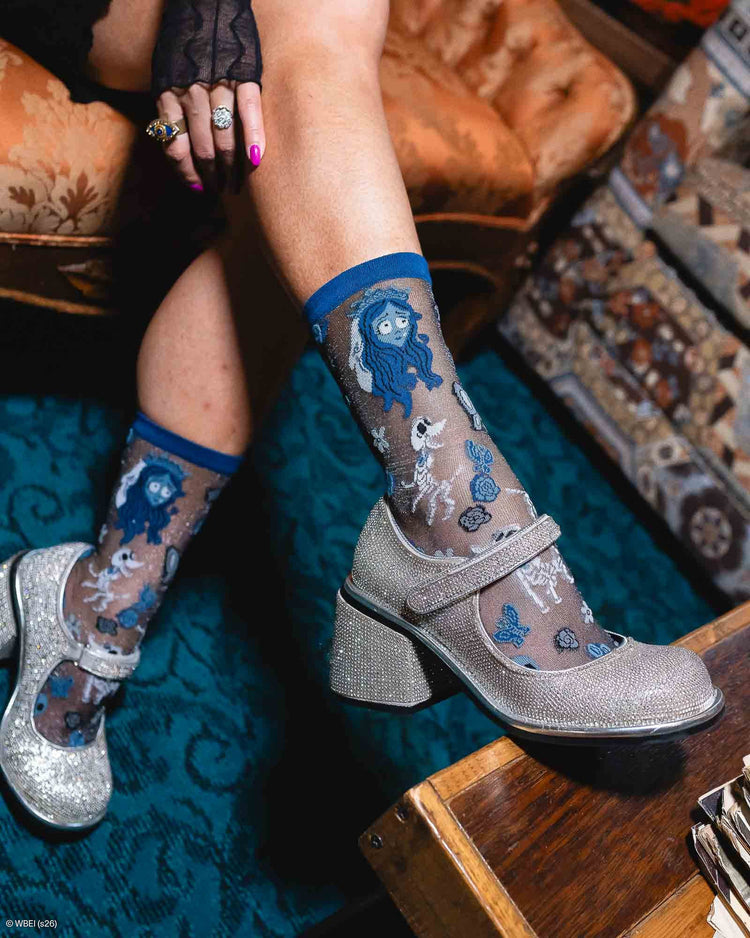 Sock Candy Corpse Bride Shimmer Sheer Crew Sock Sheer Socks Fashion Socks Halloween Socks Gothic Socks Romantic Socks Corpse Bride Socks Cute Socks Tim Burton Socks socks with heels
