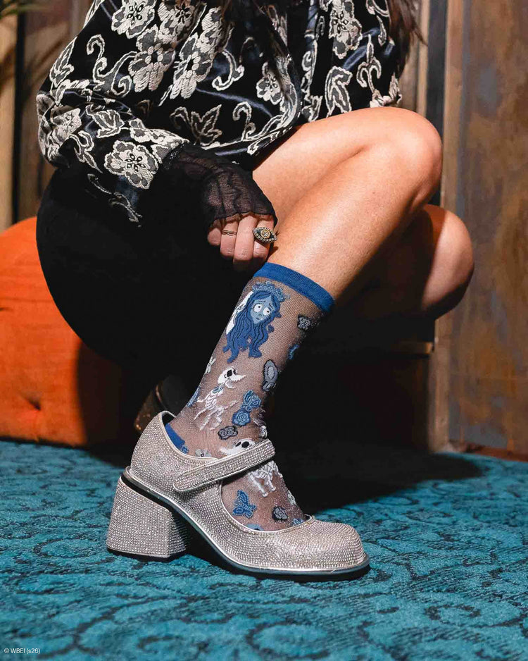 Sock Candy Corpse Bride Shimmer Sheer Crew Sock Sheer Socks Fashion Socks Halloween Socks Gothic Socks Romantic Socks Corpse Bride Socks Cute Socks Tim Burton Socks