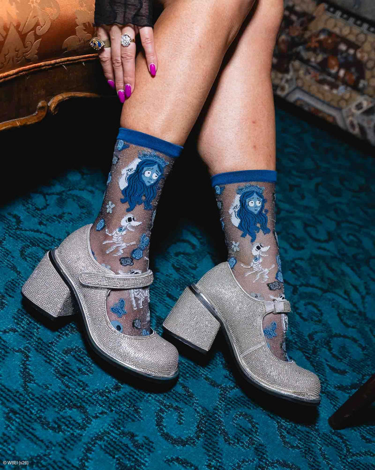 Sock Candy Corpse Bride Shimmer Sheer Crew Sock Sheer Socks Fashion Socks Halloween Socks Gothic Socks Romantic Socks Corpse Bride Socks Cute Socks Tim Burton Socks socks with heels