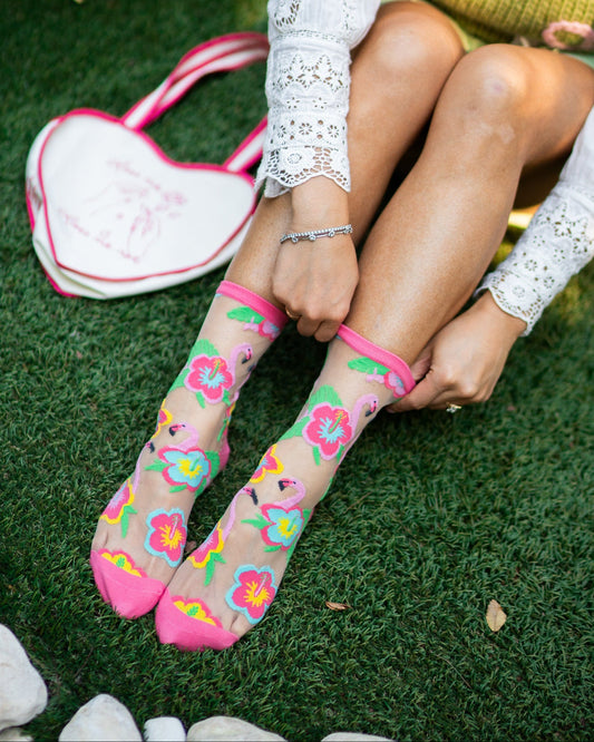 Sock Candy Flamingo Floral Sheer Crew Sock sheer socks fashion socks cute socks whimsical socks