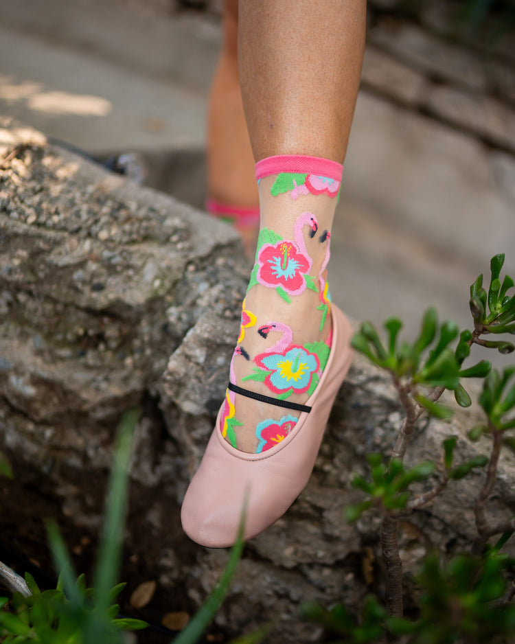 Sock Candy Flamingo Floral Sheer Crew Sock sheer socks fashion socks cute socks whimsical socks socks with flats