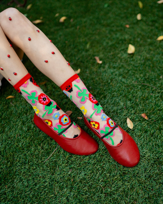 Sock Candy Lucky Ladybug Sheer Crew Sock sheer socks fashion socks cute socks whimsical socks socks with flats