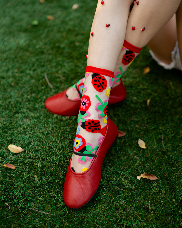 Sock Candy Lucky Ladybug Sheer Crew Sock sheer socks fashion socks cute socks whimsical socks socks with flats