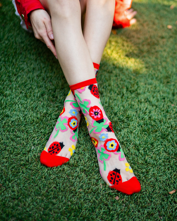Sock Candy Lucky Ladybug Sheer Crew Sock sheer socks fashion socks cute socks whimsical socks