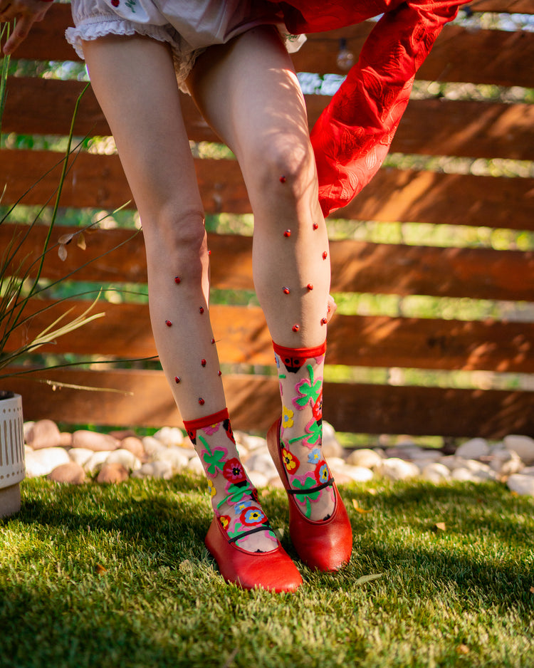 Sock Candy Lucky Ladybug Sheer Crew Sock sheer socks fashion socks cute socks whimsical socks socks with flats