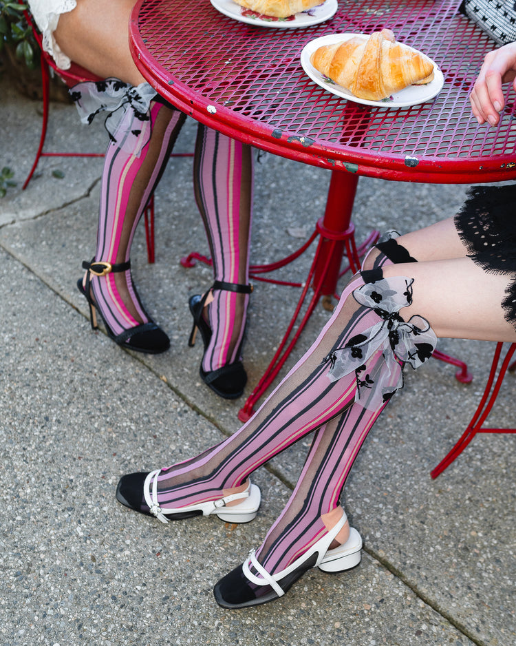 Sock Candy Parisian Stripe Bow Black Sheer Knee High Sock sheer knee highs fashion socks cute knee highs bows stripe knee highs socks with heels