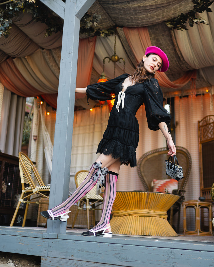 Sock Candy Parisian Stripe Bow Black Sheer Knee High Sock sheer knee highs fashion socks cute knee highs bows stripe knee highs