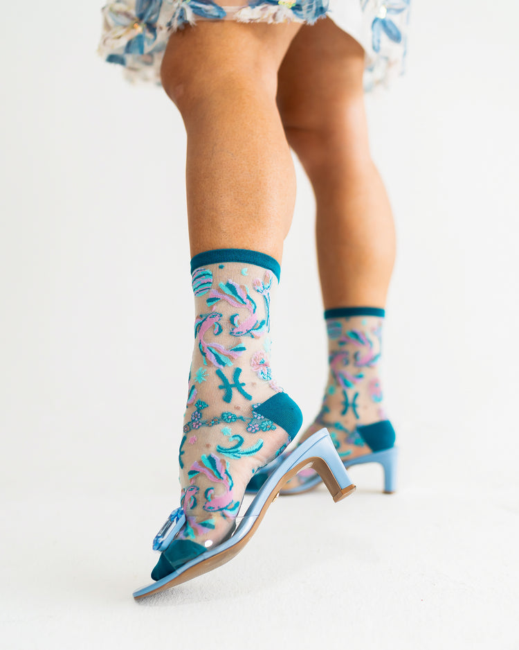 Sock Candy Pisces Zodiac Shimmer Sheer Crew Sock Sheer Socks Fashion Socks Zodiac Socks Pisces Socks Water Sign Socks Socks with heels