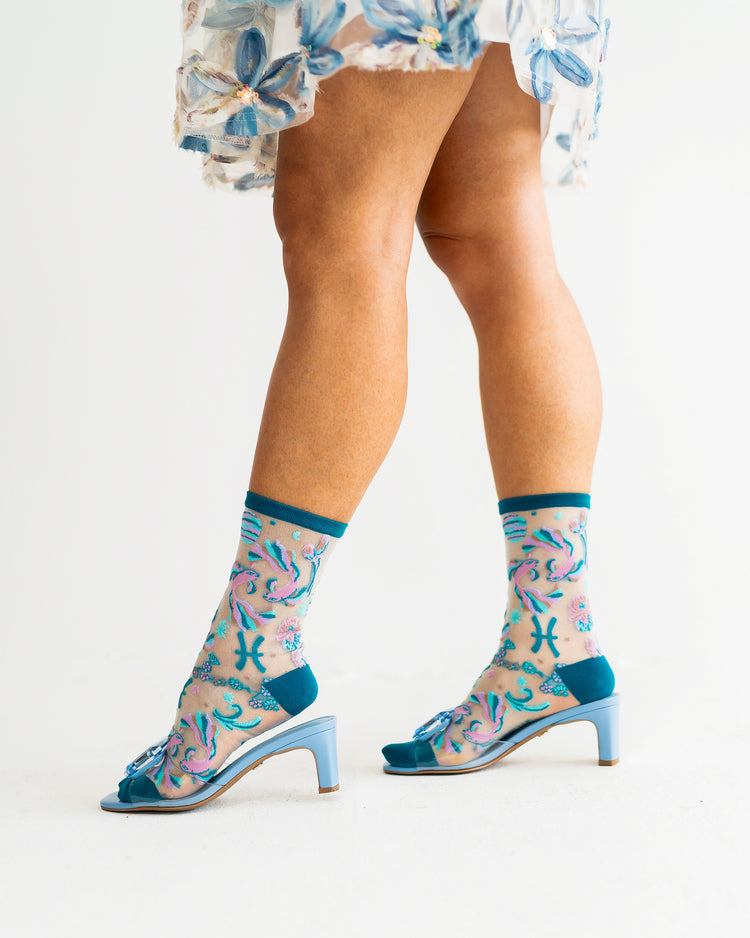 Sock Candy Pisces Zodiac Shimmer Sheer Crew Sock Sheer Socks Fashion Socks Zodiac Socks Pisces Socks Water Sign Socks Socks with heels