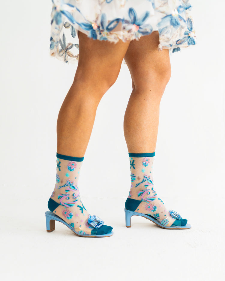 Sock Candy Pisces Zodiac Shimmer Sheer Crew Sock Sheer Socks Fashion Socks Zodiac Socks Pisces Socks Water Sign Socks Socks with heels