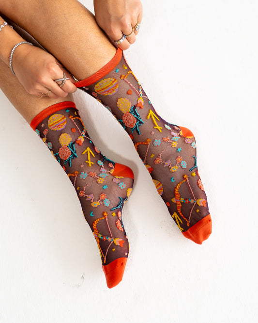 Sock Candy Sagittarius Zodiac Shimmer Sheer Crew Sock Sheer Socks Fashion Socks Zodiac Socks Sagittarius Socks Fire Sign Socks