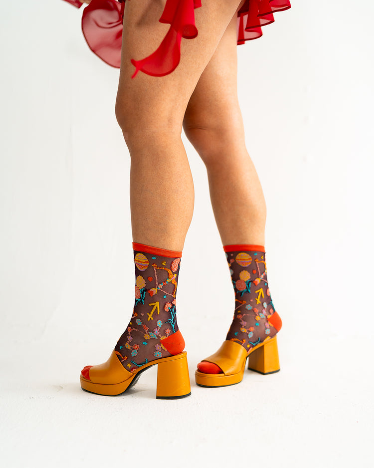 Sock Candy Sagittarius Zodiac Shimmer Sheer Crew Sock Sheer Socks Fashion Socks Zodiac Socks Sagittarius Socks Fire Sign Socks Socks with heels