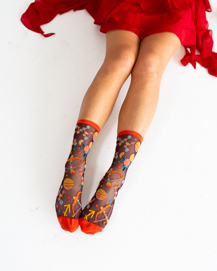 Sock Candy Sagittarius Zodiac Shimmer Sheer Crew Sock Sheer Socks Fashion Socks Zodiac Socks Sagittarius Socks Fire Sign Socks
