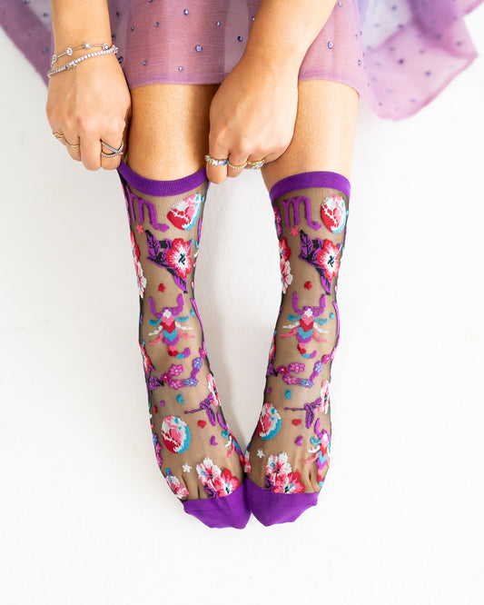 Sock Candy Scorpio Zodiac Black Sheer Crew Sock Sheer Socks Fashion Socks Zodiac Socks Scorpio Socks Water Sign Socks Zodiac Gifts Zodiac Sign Socks