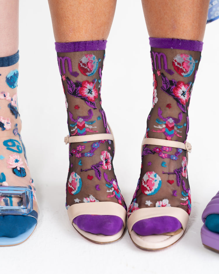 Sock Candy Scorpio Zodiac Black Sheer Crew Sock Sheer Socks Fashion Socks Zodiac Socks Scorpio Socks Water Sign Socks Zodiac Gifts Zodiac Sign Socks Socks with heels