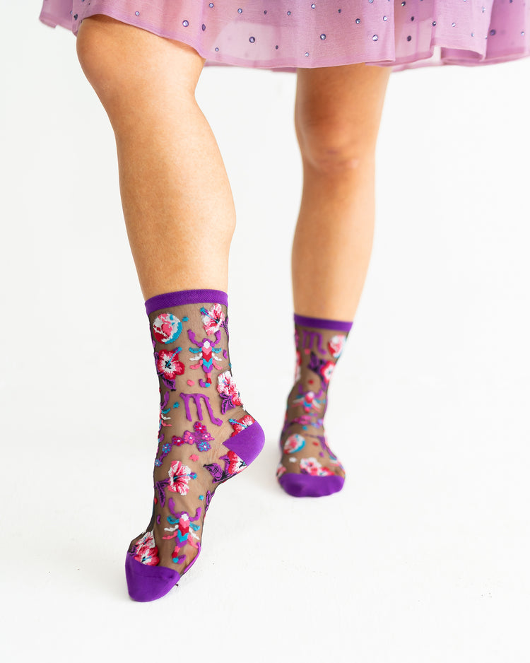 Sock Candy Scorpio Zodiac Black Sheer Crew Sock Sheer Socks Fashion Socks Zodiac Socks Scorpio Socks Water Sign Socks Zodiac Gifts Zodiac Sign Socks