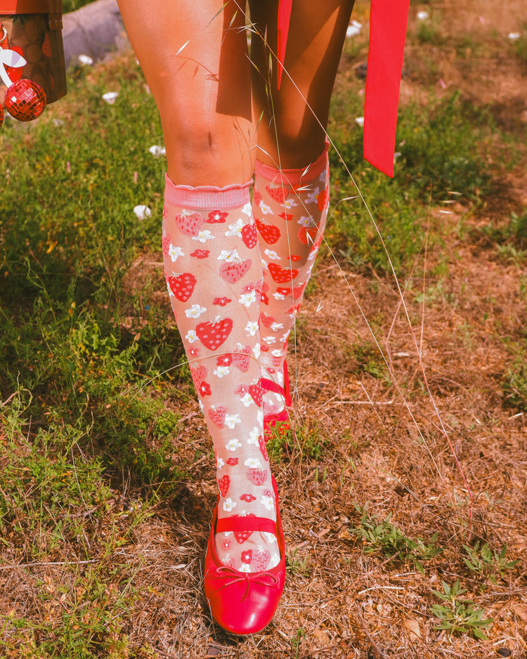 Sock Candy Strawberry Daisy Ruffle Knee High Sock Sheer Knee Highs Fashion Knee Highs Sheer Socks Sock Candy Knee Highs Whimsical Knee Highs Strawberry Knee Highs