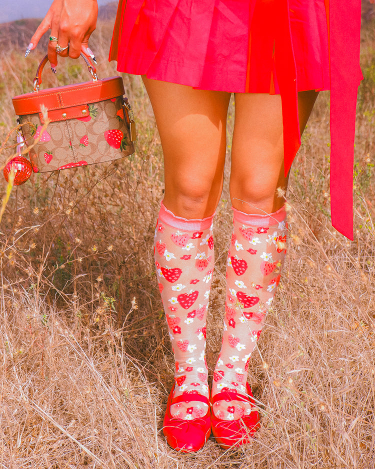 Sock Candy Strawberry Daisy Ruffle Knee High Sock Sheer Knee Highs Fashion Knee Highs Sheer Socks Sock Candy Knee Highs Whimsical Knee Highs Strawberry Knee Highs