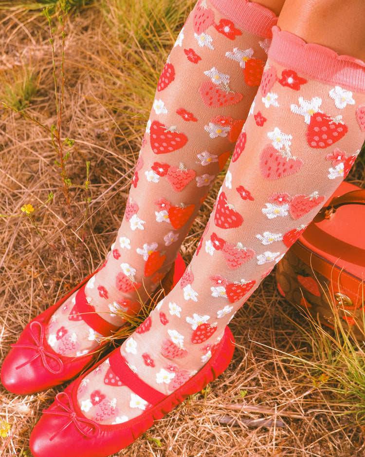 Sock Candy Strawberry Daisy Ruffle Knee High Sock Sheer Knee Highs Fashion Knee Highs Sheer Socks Sock Candy Knee Highs Whimsical Knee Highs Strawberry Knee Highs