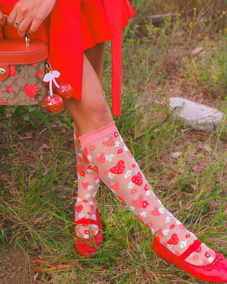 Sock Candy Strawberry Daisy Ruffle Knee High Sock Sheer Knee Highs Fashion Knee Highs Sheer Socks Sock Candy Knee Highs Whimsical Knee Highs Strawberry Knee Highs