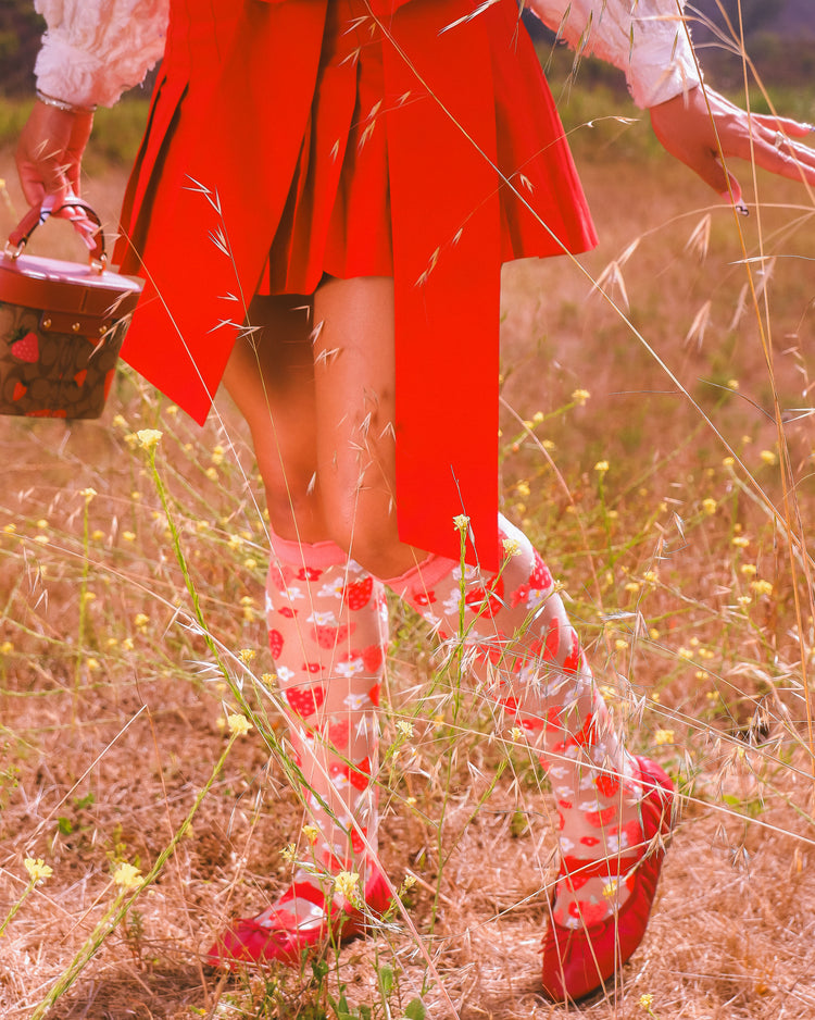 Sock Candy Strawberry Daisy Ruffle Knee High Sock Sheer Knee Highs Fashion Knee Highs Sheer Socks Sock Candy Knee Highs Whimsical Knee Highs Strawberry Knee Highs