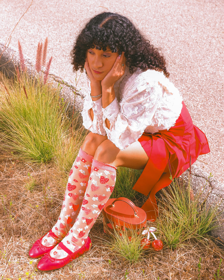 Sock Candy Strawberry Daisy Ruffle Knee High Sock Sheer Knee Highs Fashion Knee Highs Sheer Socks Sock Candy Knee Highs Whimsical Knee Highs Strawberry Knee Highs