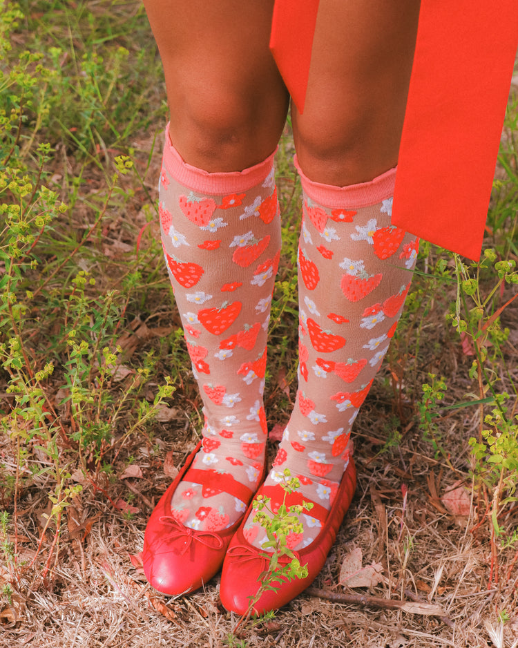Sock Candy Strawberry Daisy Ruffle Knee High Sock Sheer Knee Highs Fashion Knee Highs Sheer Socks Sock Candy Knee Highs Whimsical Knee Highs Strawberry Knee Highs
