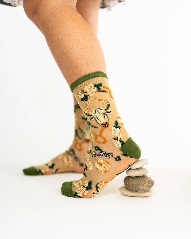Sock Candy Taurus Zodiac Shimmer Sheer Crew Sock Sheer Socks Fashion Socks Zodiac Socks Taurus Socks Earth Sign Socks Zodiac Gifts 