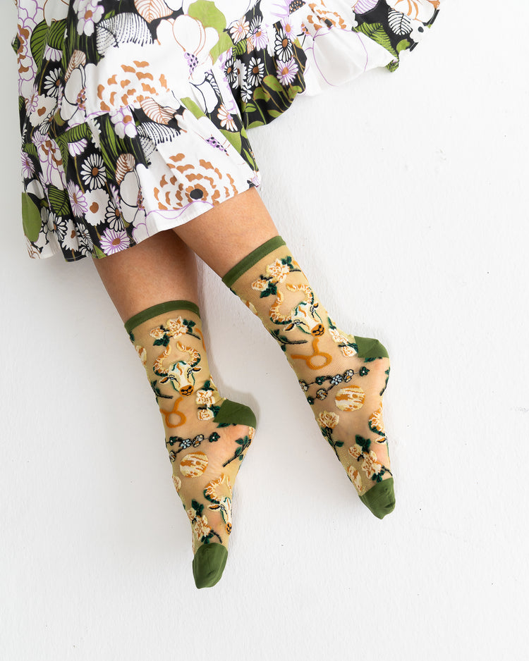 Sock Candy Taurus Zodiac Shimmer Sheer Crew Sock Sheer Socks Fashion Socks Zodiac Socks Taurus Socks Earth Sign Socks Zodiac Gifts 