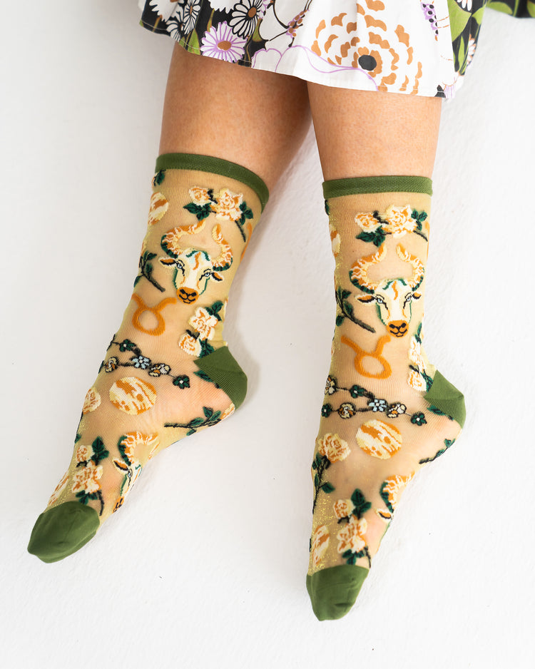Sock Candy Taurus Zodiac Shimmer Sheer Crew Sock Sheer Socks Fashion Socks Zodiac Socks Taurus Socks Earth Sign Socks Zodiac Gifts 