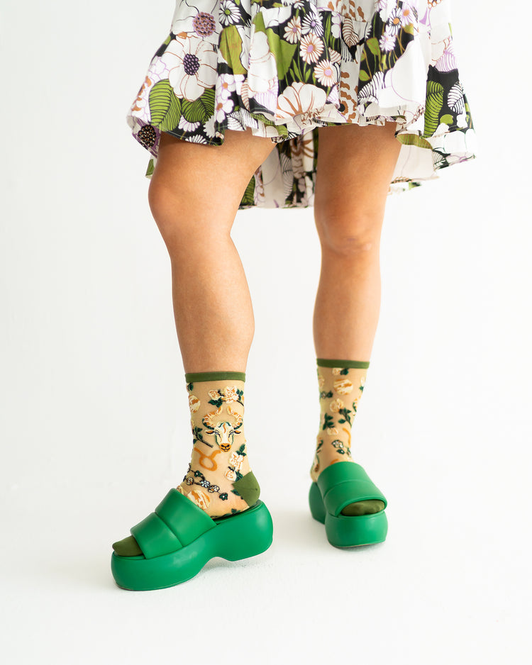 Sock Candy Taurus Zodiac Shimmer Sheer Crew Sock Sheer Socks Fashion Socks Zodiac Socks Taurus Socks Earth Sign Socks Zodiac Gifts 
