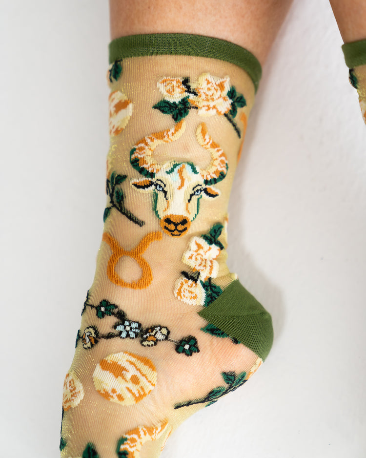 Sock Candy Taurus Zodiac Shimmer Sheer Crew Sock Sheer Socks Fashion Socks Zodiac Socks Taurus Socks Earth Sign Socks Zodiac Gifts 
