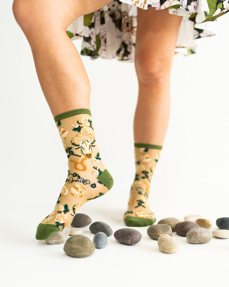 Sock Candy Taurus Zodiac Shimmer Sheer Crew Sock Sheer Socks Fashion Socks Zodiac Socks Taurus Socks Earth Sign Socks Zodiac Gifts 