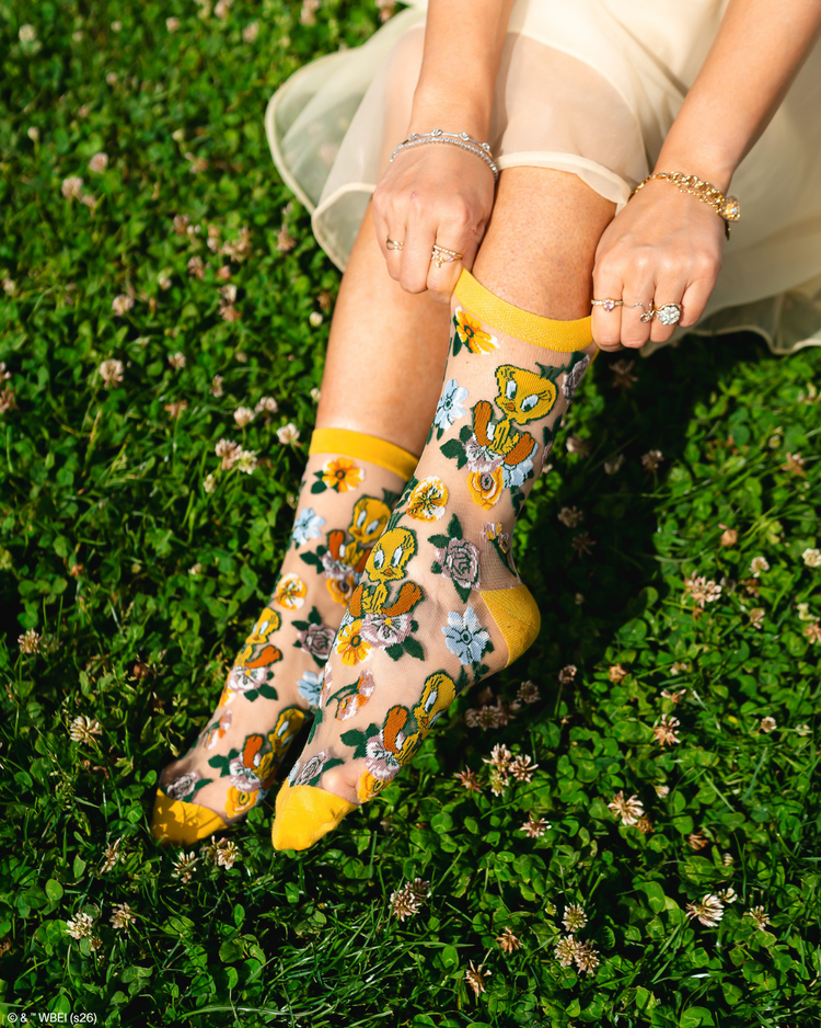 Sock Candy Tweety Floral Sheer Crew Sock Fashion Socks Sheer Socks Cute Socks Looney Tunes Socks Tweety Bird Socks Whimsical Socks