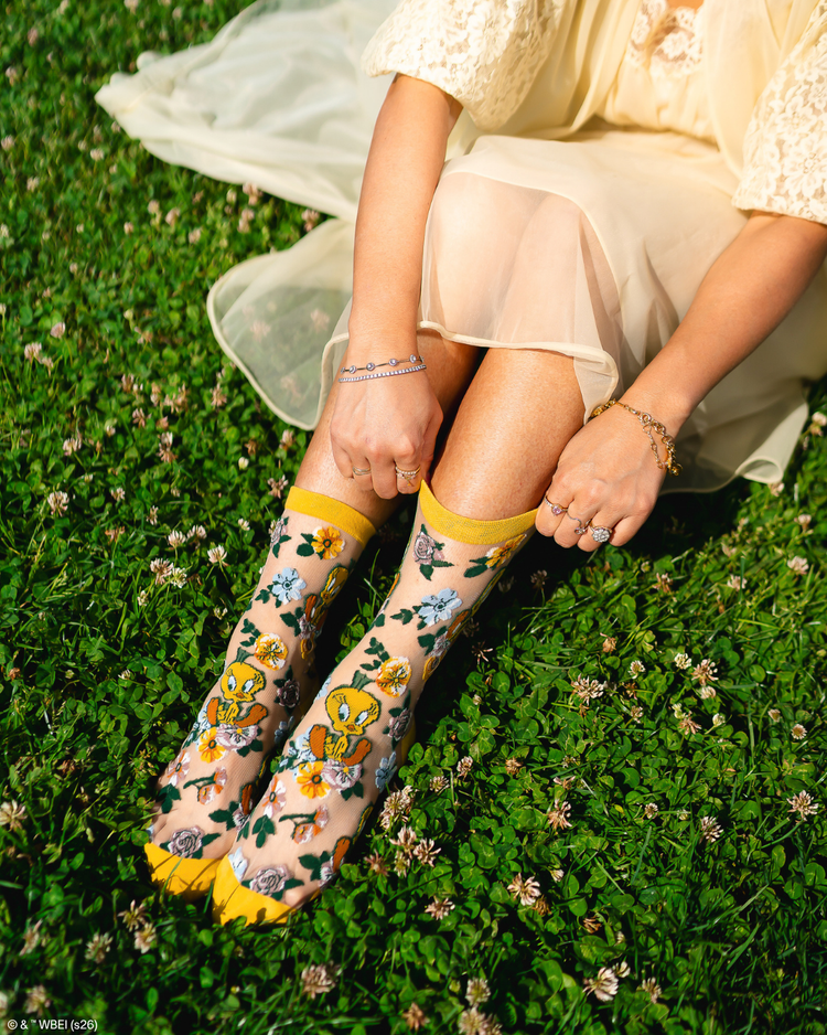 Sock Candy Tweety Floral Sheer Crew Sock Fashion Socks Sheer Socks Cute Socks Looney Tunes Socks Tweety Bird Socks Whimsical Socks