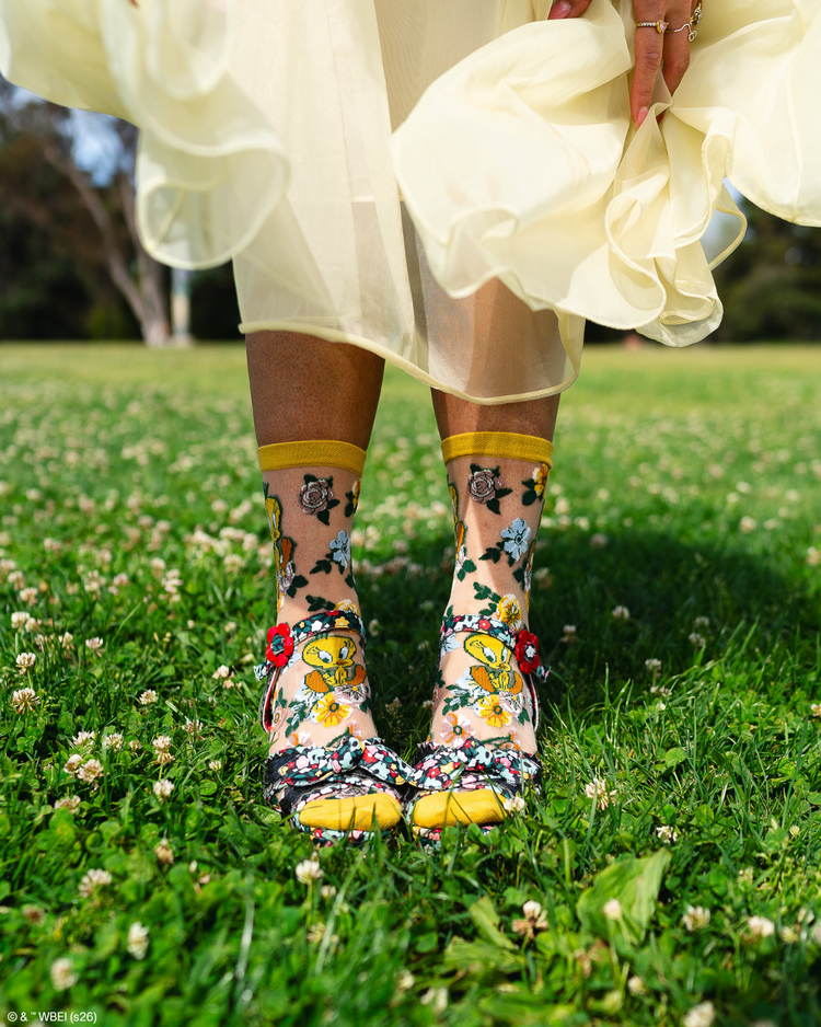 Sock Candy Tweety Floral Sheer Crew Sock Fashion Socks Sheer Socks Cute Socks Looney Tunes Socks Tweety Bird Socks Whimsical Socks Socks with heels